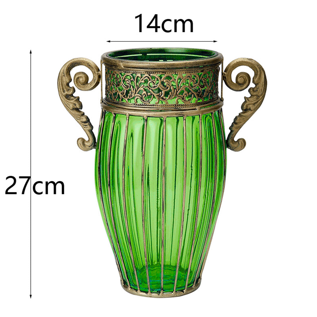 SOGA Green Glass Flower Vase with 8 Bunch 5 Heads Artificial Fake Silk Rose Home Decor Set • LUZ-YG8038G-F009