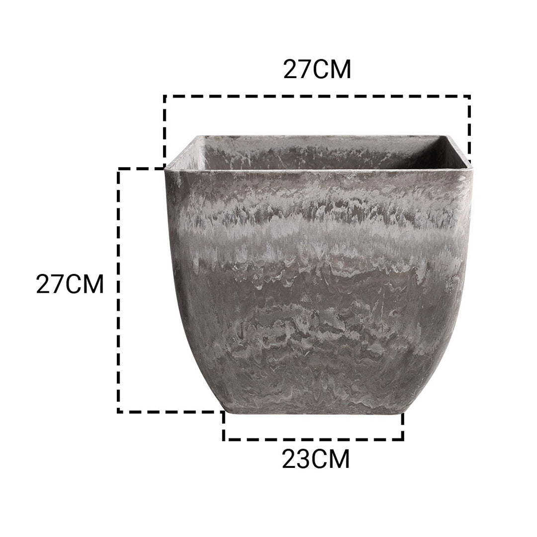 SOGA 2X 27cm Rock Grey Square Resin Plant Flower Pot in Cement Pattern Planter Cachepot for Indoor Home Office • LUZ-FPotF2711X2
