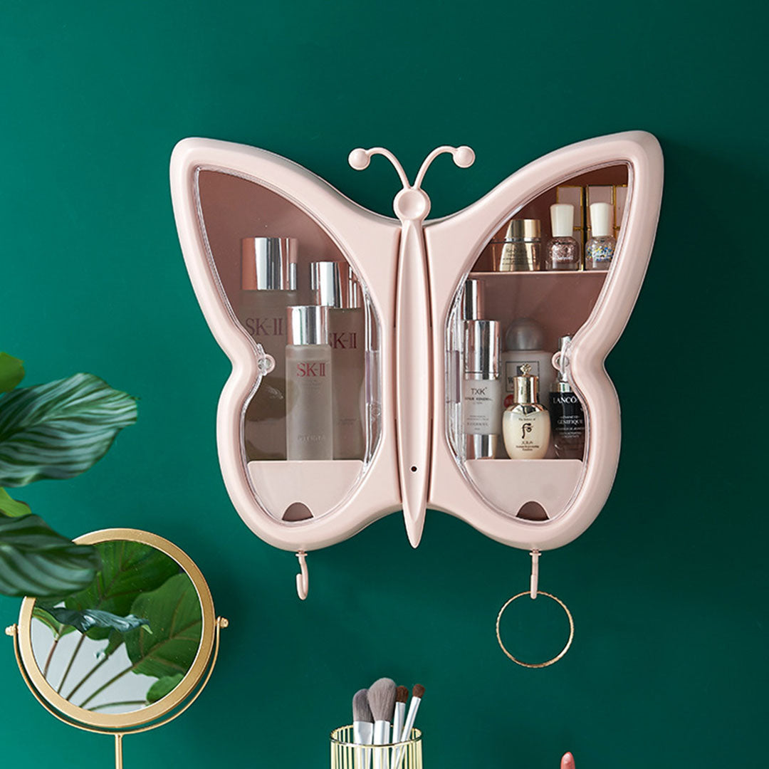 SOGA 2X Pink Butterfly Shape Wall-Mounted Makeup Organiser Dustproof Waterproof Bathroom Storage Box Home Decor • LUZ-BathG317X2