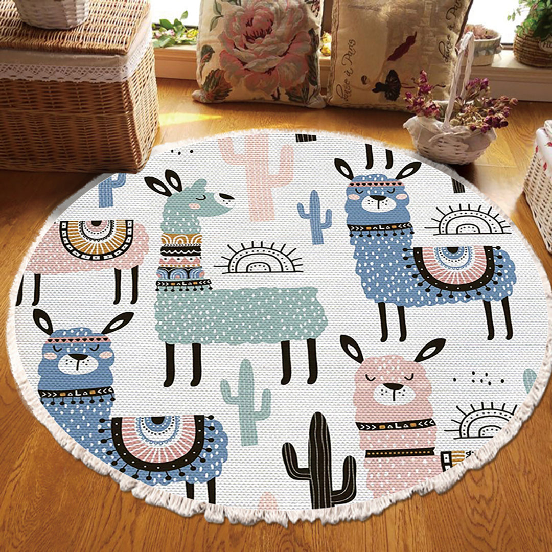 SOGA 120cm Alpaca Cactus Pattern Rug Desert Animals Non-Slip Round Area Rugs for Living Room Dining Room • LUZ-CarpetA61
