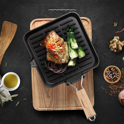 SOGA 2X 24cm Ribbed Cast Iron Square Steak Frying Grill Skillet Pan with Folding Wooden Handle • LUZ-ZPai010X2