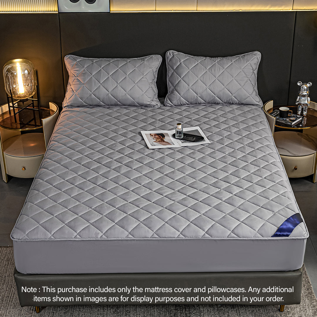 SOGA 2X Grey 183cm Wide Cross-Hatch Mattress Cover Thick Quilted Stretchable Bed Spread Sheet Protector with Pillow Covers • LUZ-BCover4007X2