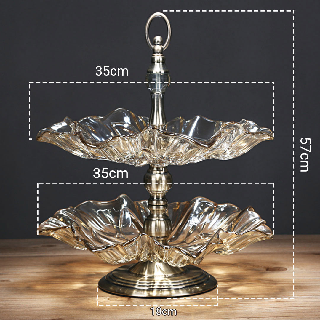 SOGA 2 Tier Bronze Lotus Vertex Crystal Glass Fruit Bowl Candy Holder Countertop Dessert Serving Basket Decor • LUZ-Plate7845