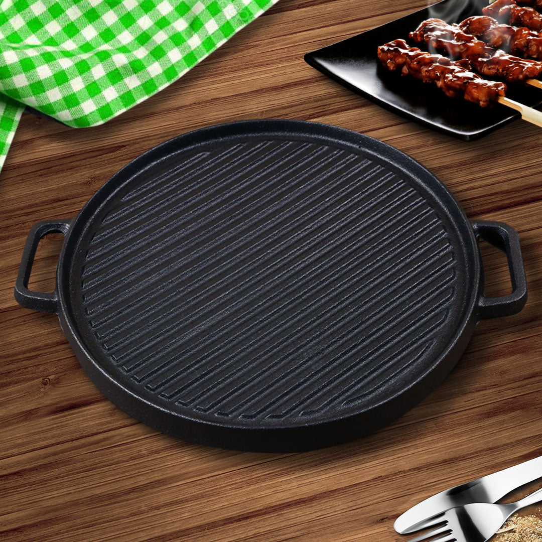 SOGA 30cm Round Cast Iron Ribbed BBQ Pan Skillet Steak Sizzle Platter with Handle • LUZ-ZPai042