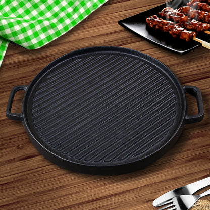SOGA 30cm Round Cast Iron Ribbed BBQ Pan Skillet Steak Sizzle Platter with Handle • LUZ-ZPai042