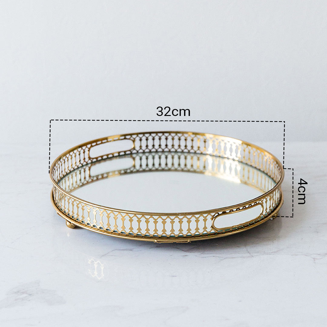 SOGA 32cm Gold Round Ornate Mirror Glass Metal Tray Vanity Makeup Perfume Jewelry Organiser with Handles • LUZ-PlateHJ1184