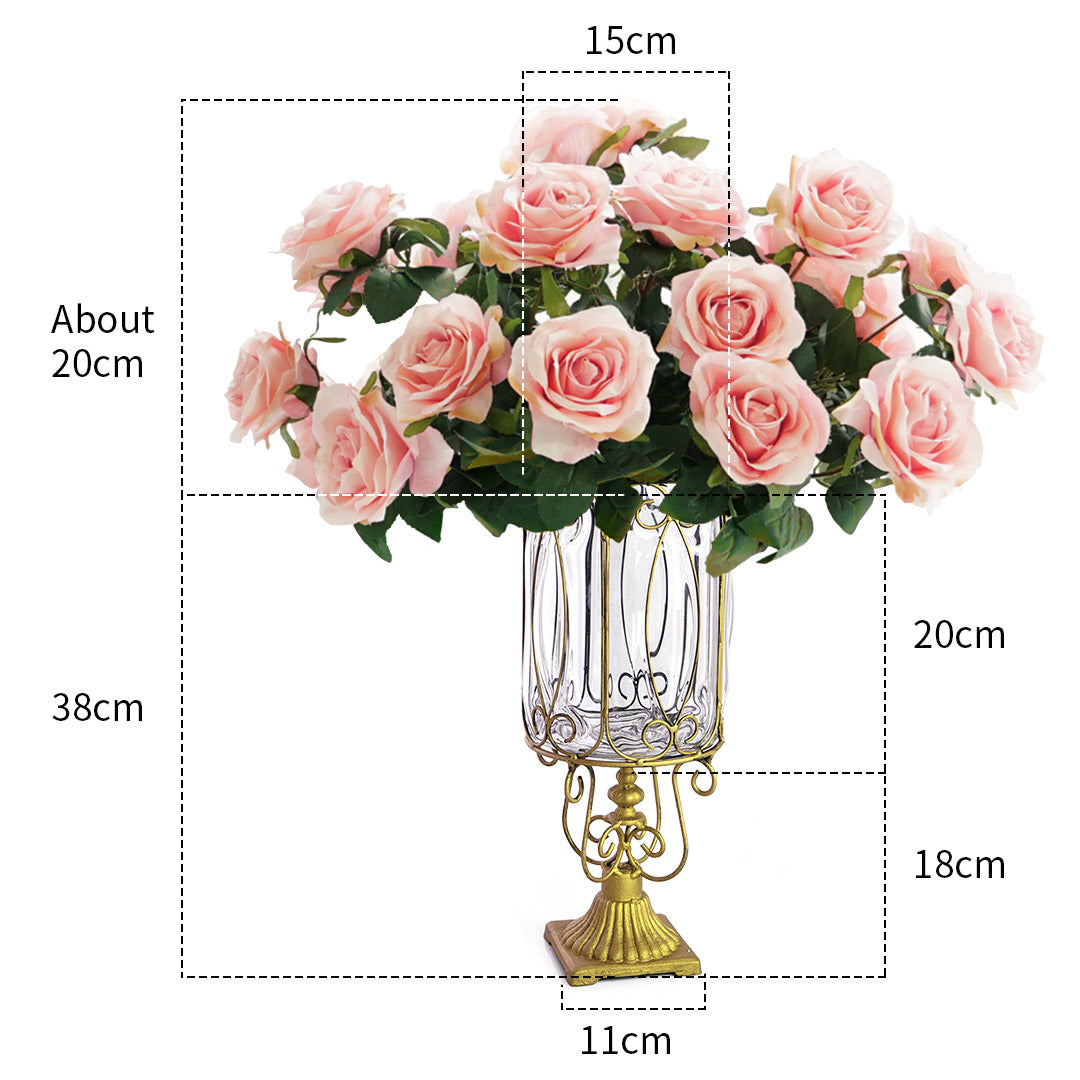 SOGA Clear Glass Cylinder Flower Vase with 4 Bunch 9 Heads Artificial Fake Silk Rose Home Decor Set • LUZ-YG3015-F001