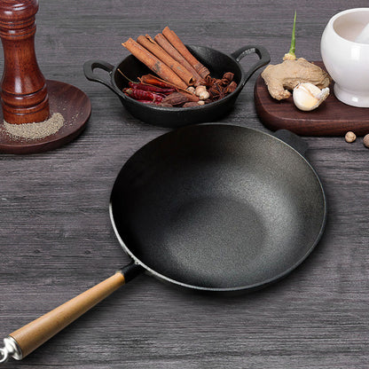 SOGA 31cm Commercial Cast Iron Wok Round Bottom FryPan Home Cooking Skillet • LUZ-ZPai012NoLid