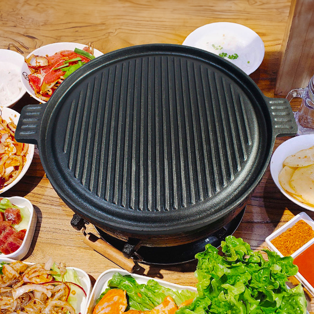 SOGA 43cm Round Ribbed Cast Iron Frying Pan Skillet Steak Sizzle Platter with Handle • LUZ-ZPai002
