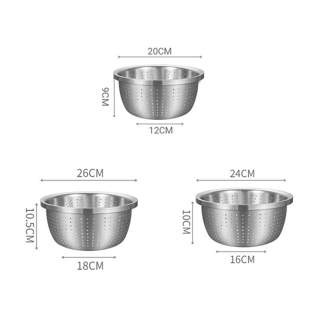 SOGA 2X Stainless Steel Nesting Basin Colander Perforated Kitchen Sink Washing Bowl Metal Basket Strainer Set of 3 • LUZ-Bowl607X2