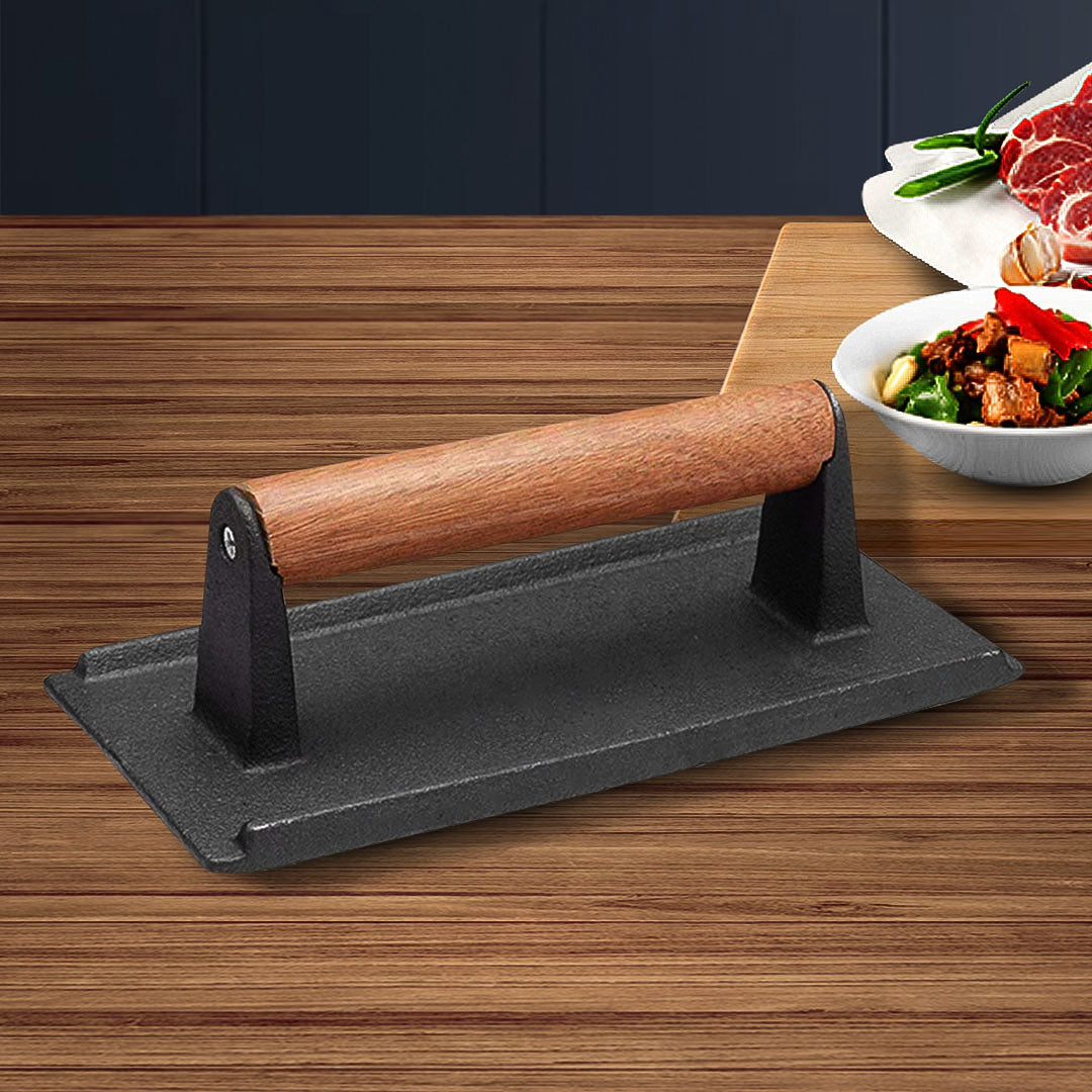 SOGA Cast Iron Bacon Meat Steak Press Grill BBQ with Wood Handle Weight Plate • LUZ-ZPaiA9