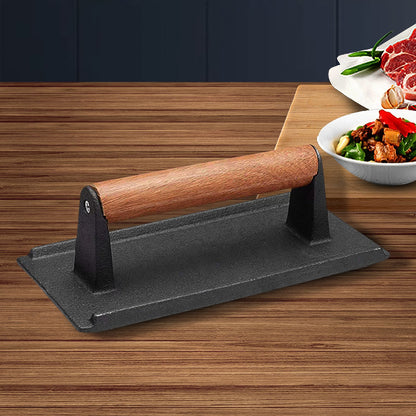 SOGA Cast Iron Bacon Meat Steak Press Grill BBQ with Wood Handle Weight Plate • LUZ-ZPaiA9