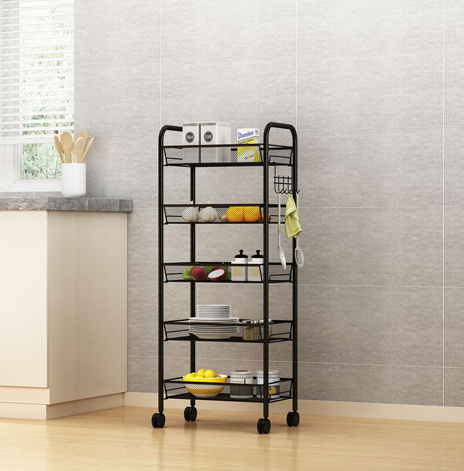 SOGA 5 Tier Steel Black Bee Mesh Kitchen Cart Multi-Functional Shelves Portable Storage Organizer with Wheels • LUZ-KitchenXY038