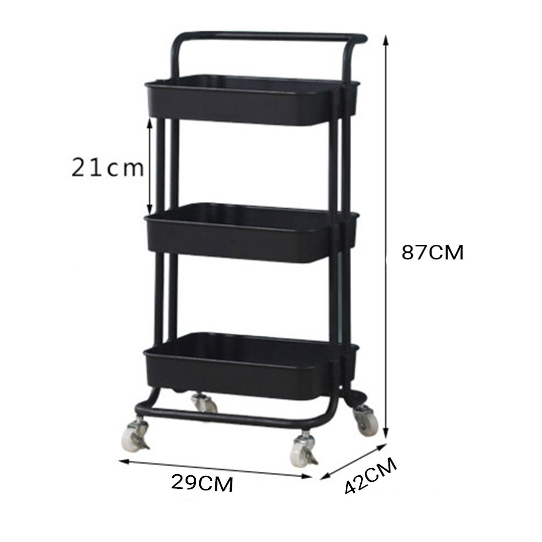 SOGA 3 Tier Steel Black Movable Kitchen Cart Multi-Functional Shelves Portable Storage Organizer with Wheels • LUZ-KitchenXY004