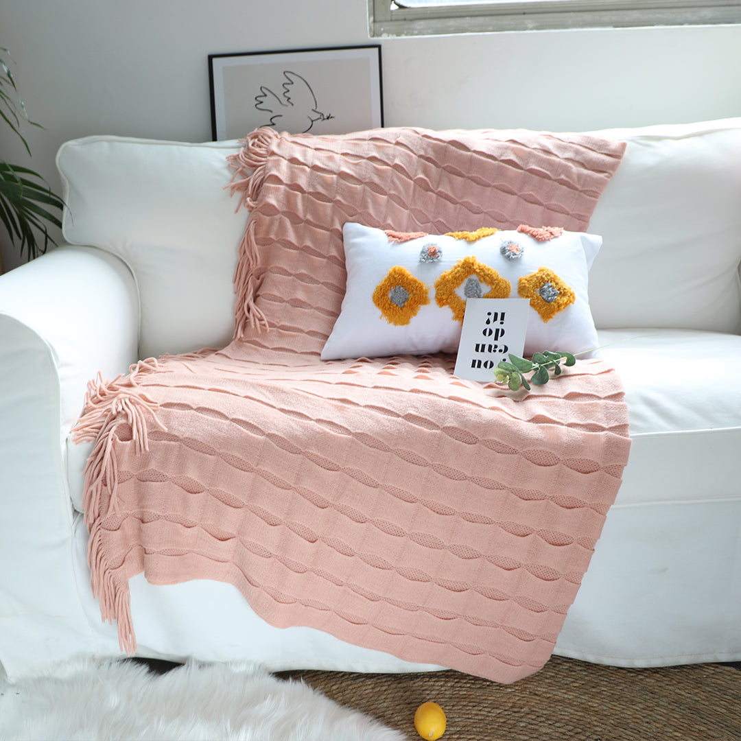 SOGA 2X Pink Textured Knitted Throw Blanket Warm Cozy Woven Cover Couch Bed Sofa Home Decor with Tassels LUZ-Blanket927X2