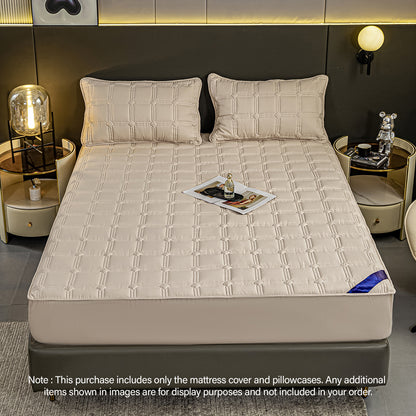SOGA 2X Beige 183cm Wide Mattress Cover Thick Quilted Stretchable Bed Spread Sheet Protector with Pillow Covers • LUZ-BCover4002X2
