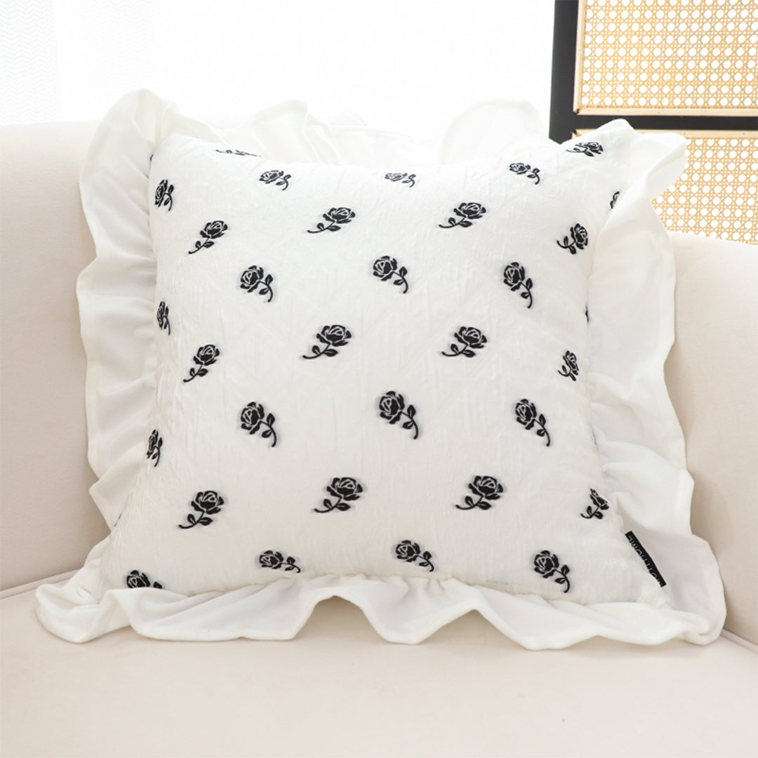 SOGA 45CM Throw Pillow Black Ruffled Square Decorative Cushion for Rose Lovers Cozy Home Decor • LUZ-FrenchCushion308