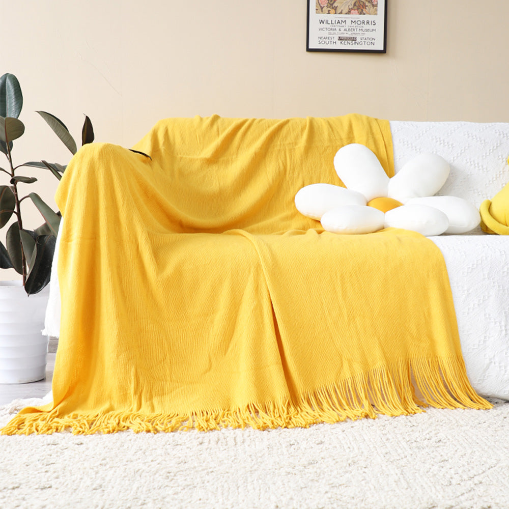 SOGA Yellow Acrylic Knitted Throw Blanket Solid Fringed Warm Cozy Woven Cover Couch Bed Sofa Home Decor • LUZ-Blanket916