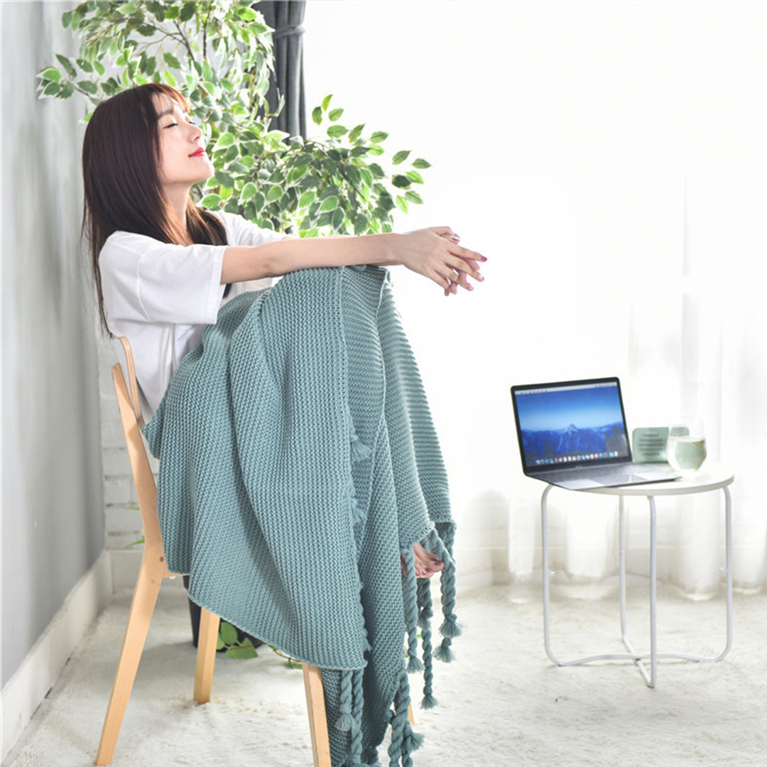 SOGA 2X Green Tassel Fringe Knitting Blanket Warm Cozy Woven Cover Couch Bed Sofa Home Decor • LUZ-Blanket928X2