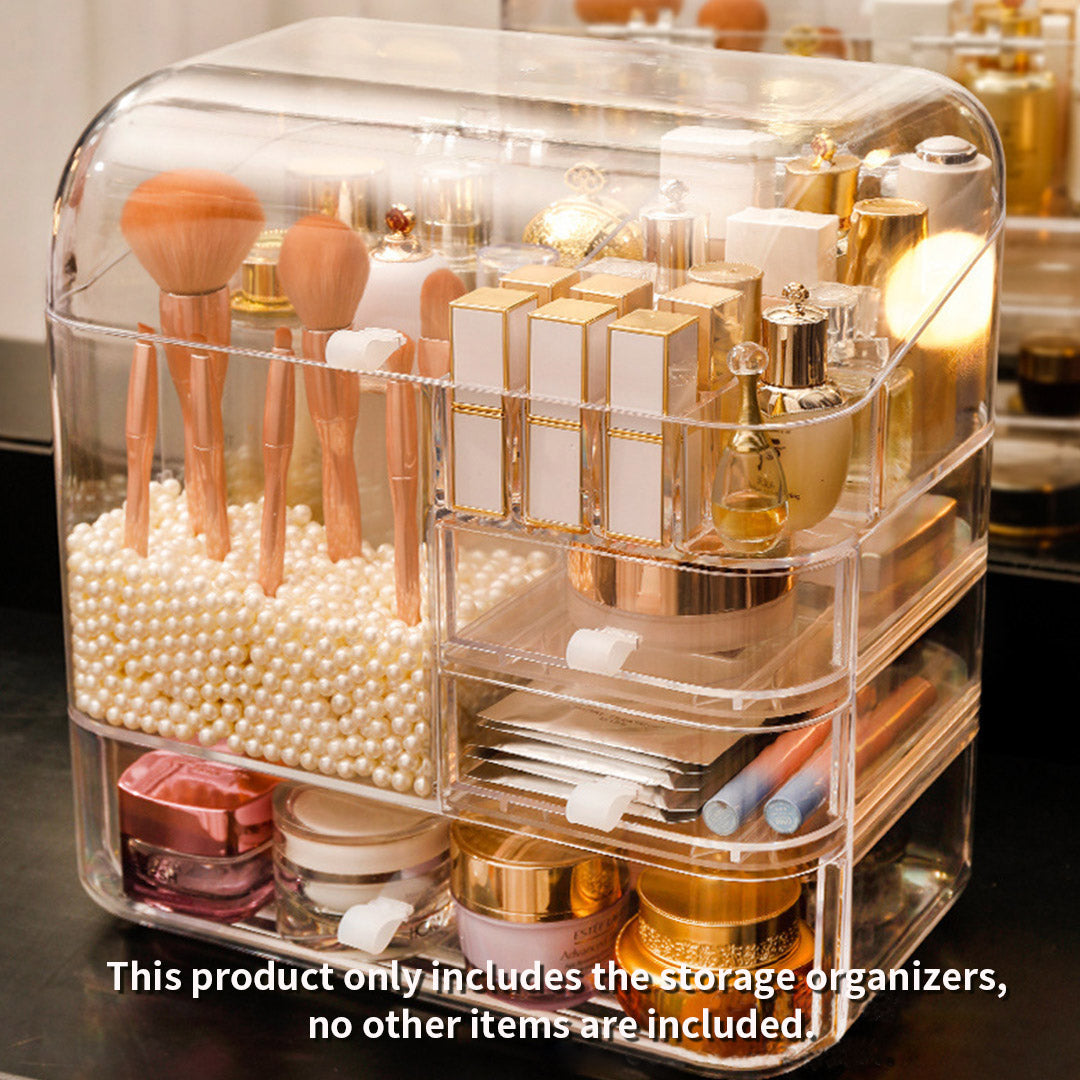 SOGA Transparent Cosmetic Storage Box Clear Makeup Skincare Holder with Lid Drawers Waterproof  Dustproof Organiser with Pearls LUZ-BathC108