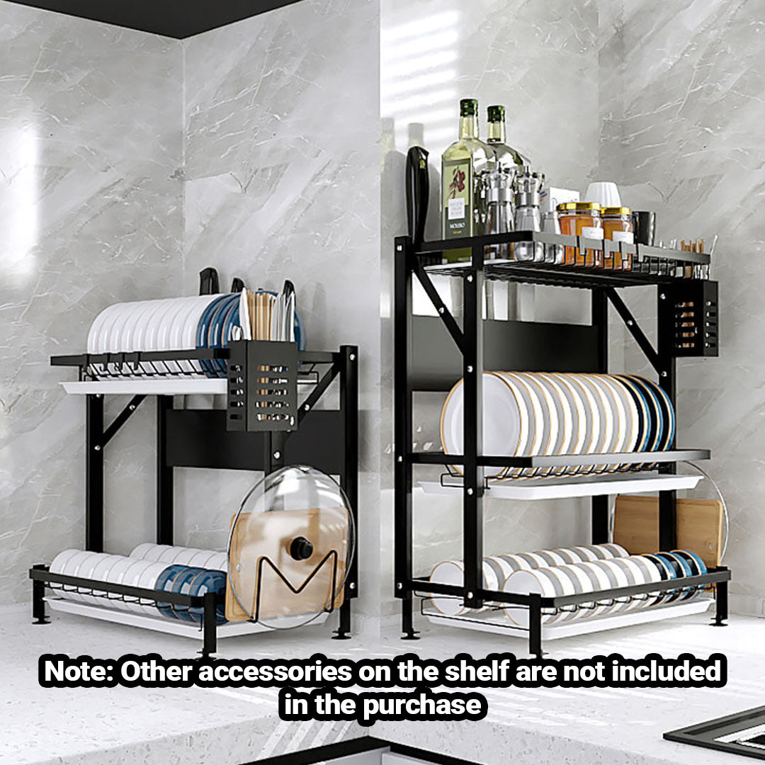 SOGA 2 Tier Steel Black Kitchen Countertop Drying Dish Rack Plate Cutlery Cutting Board Holder Dish Drainer Kitchen Organiser • LUZ-KitchenXY048