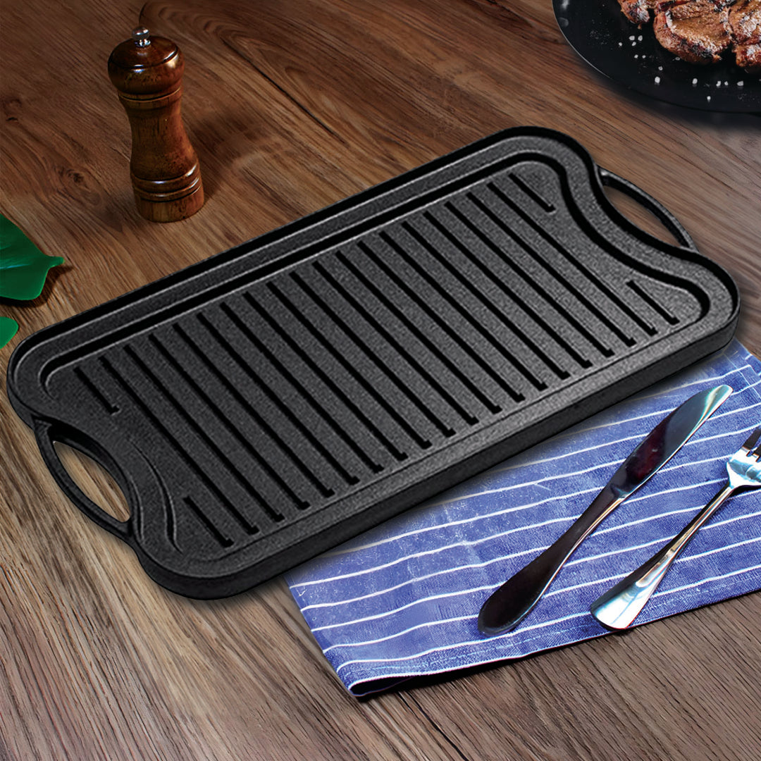 SOGA 2X 50.8cm Cast Iron Ridged Griddle Hot Plate Grill Pan BBQ Stovetop • LUZ-ZPai009X2