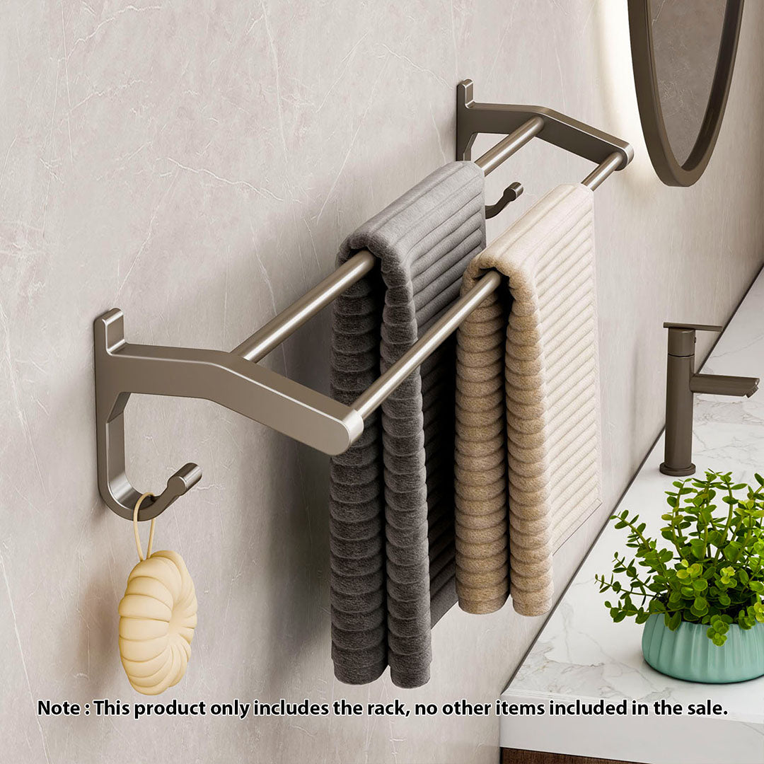 SOGA 62cm Gray Wall-Mounted Double Pole Towel Holder Bathroom Organiser Rail Hanger with Hooks • LUZ-TAN1018