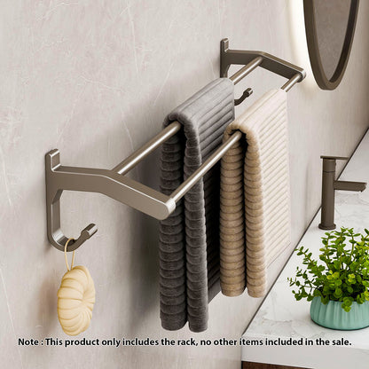 SOGA 62cm Gray Wall-Mounted Double Pole Towel Holder Bathroom Organiser Rail Hanger with Hooks • LUZ-TAN1018