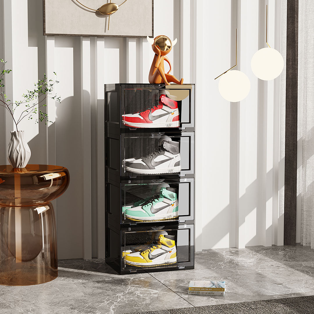 SOGA 4 Tier Black Portable Shoe Organiser Sneaker Footwear Folding Plastic Bin Stackable Storage Box with Magnetic Door • LUZ-ShoeA8004BLK