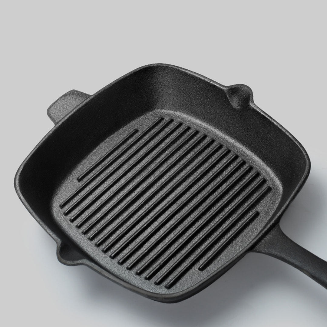 SOGA 2X 26cm Square Ribbed Cast Iron Frying Pan Skillet Steak Sizzle Platter with Handle • LUZ-ZPai023X2