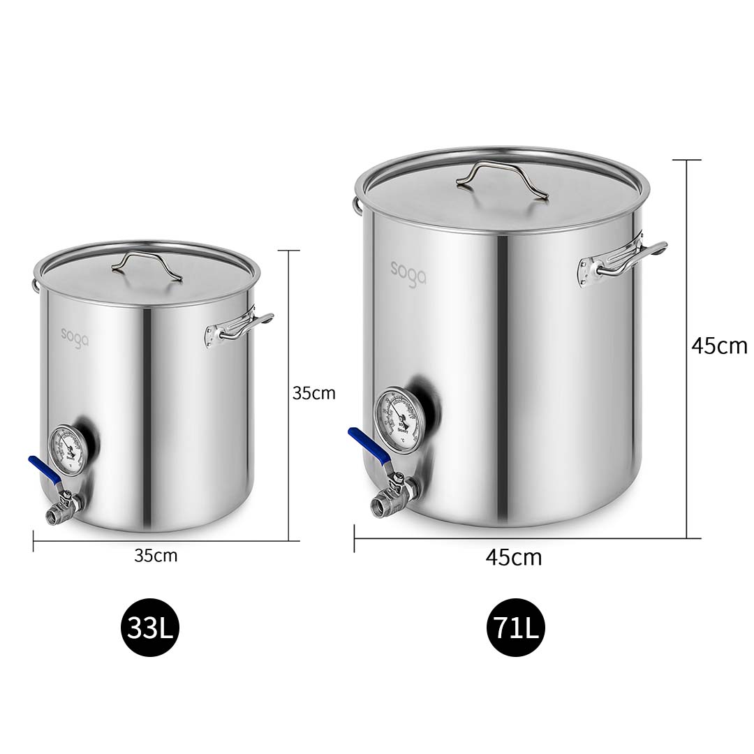 SOGA Stainless Steel Brewery Pot 33L 71L With Beer Valve 35CM 45CM • LUZ-BreweryPotSS2787-2789