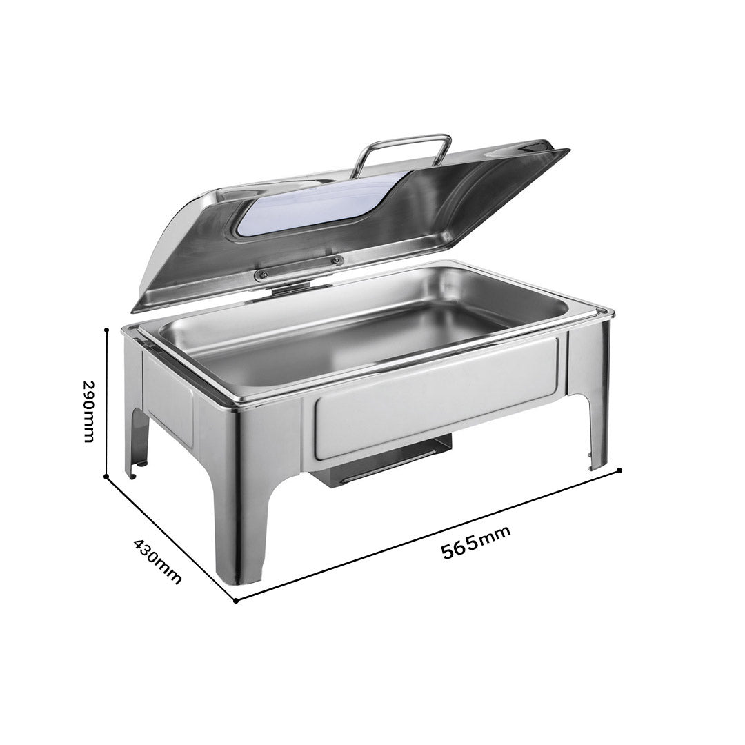 SOGA 9L Rectangular Stainless Steel Soup Warmer Roll Top Chafer Chafing Dish Set with Glass Visual Window Lid • LUZ-ChafingDish0323
