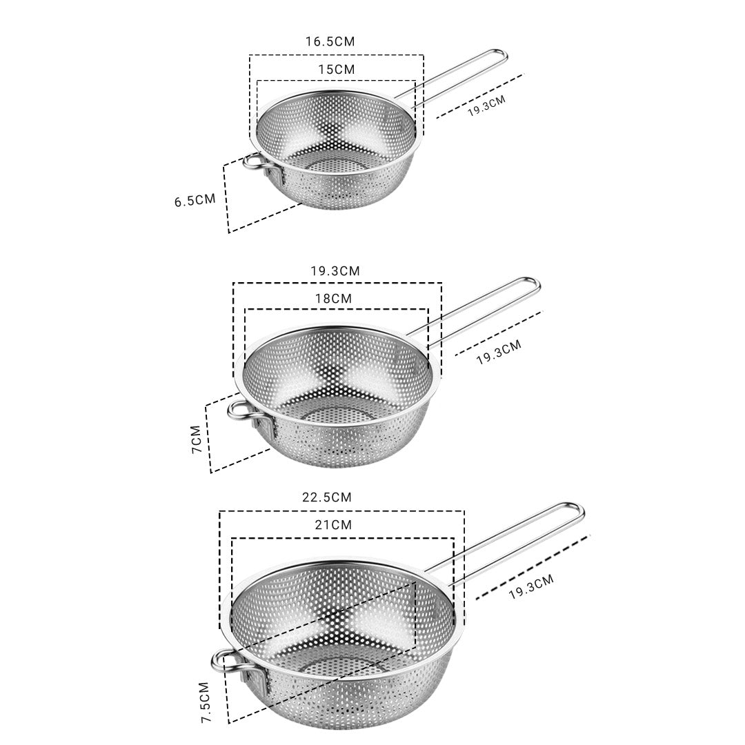 SOGA Stainless Steel Perforated Colander Fine Mesh Net Food Strainer Basket with Handle Skimmer Sieve Set • LUZ-NetColanderSet