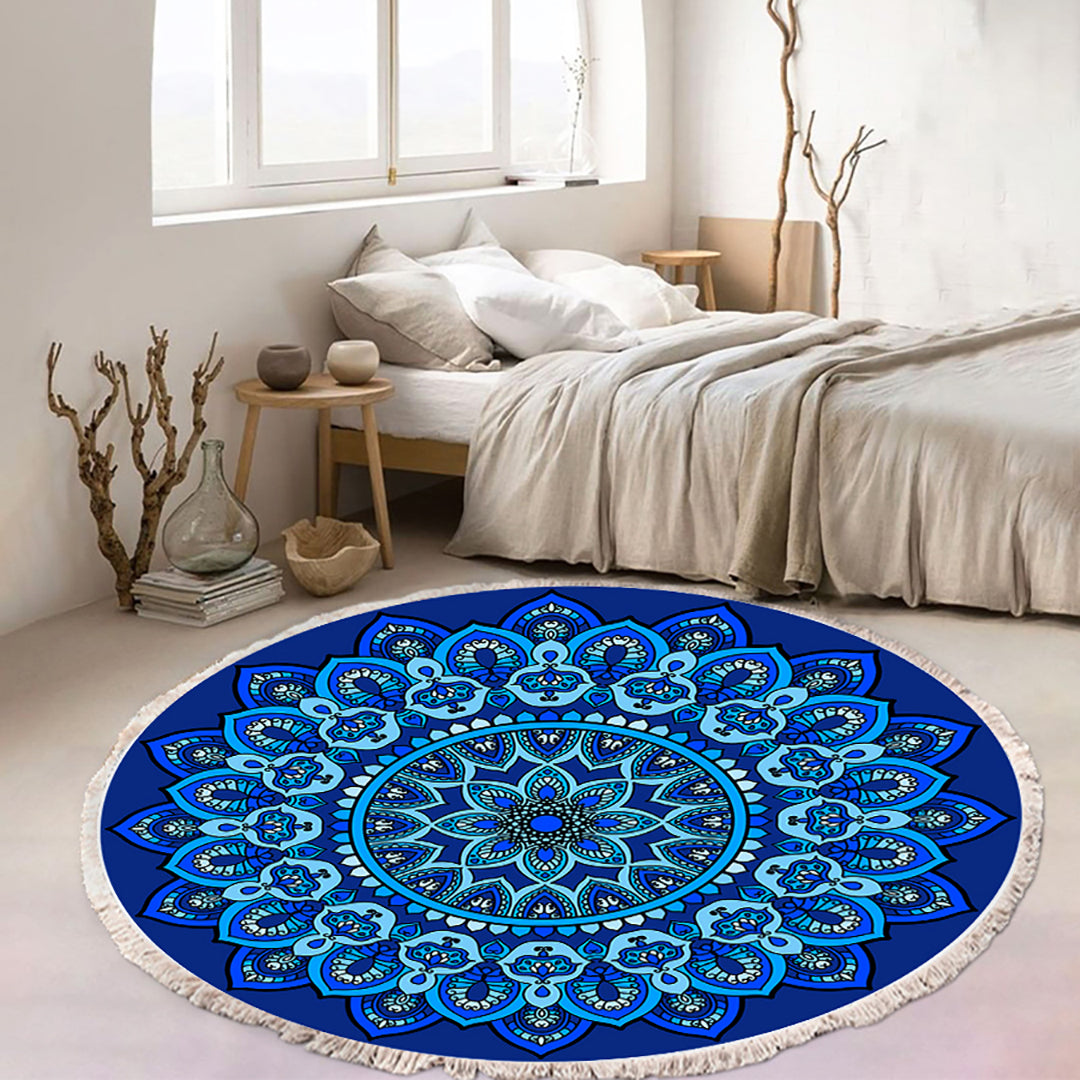 SOGA 90cm Blue Mandala Round Carpet for Living Room Bedroom Anti-slip Doormat, Home Decor • LUZ-CarpetRAG1