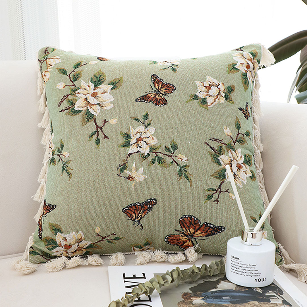 SOGA 2X 45cm Matcha Green French Vintage Butterfly Loves Flowers Tassel Throw pillow • LUZ-FrenchCushion249X2