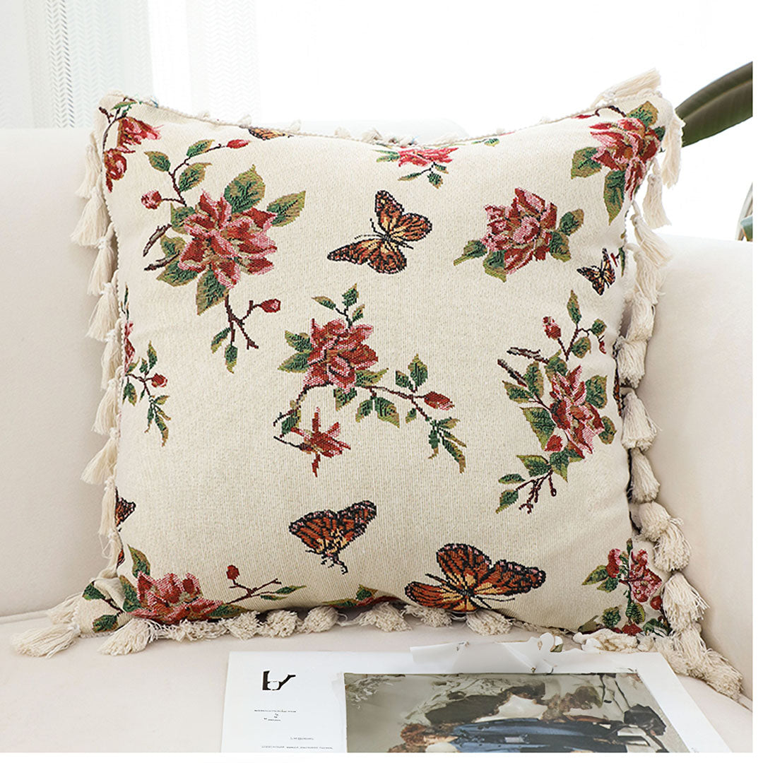 SOGA 2X 45cm Creamy White French Vintage Butterfly Loves Flowers Tassel Throw Pillow • LUZ-FrenchCushion250X2