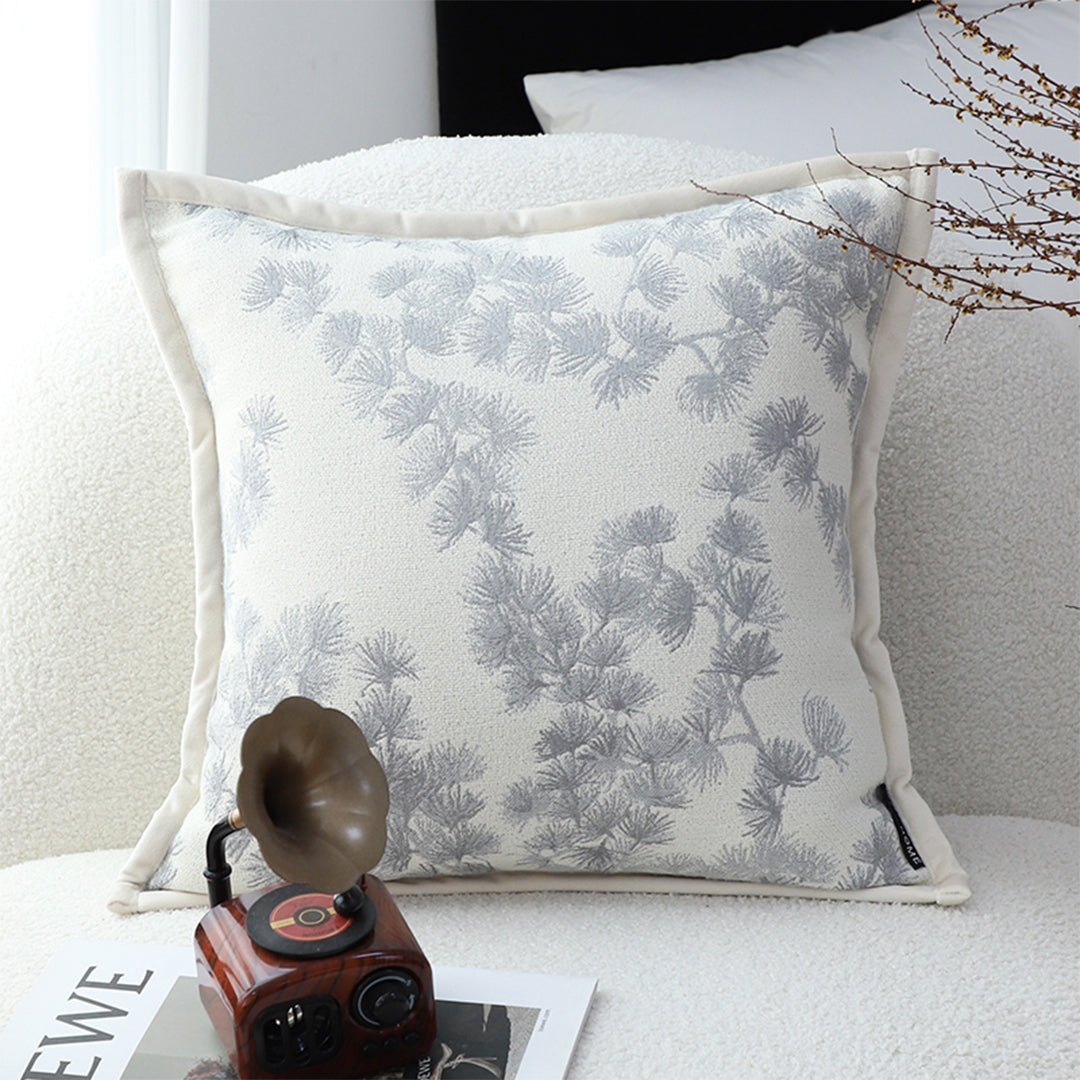 SOGA 45cm Throw Pillow Cream White Wide Border with Branch and Pine Needle Design Pattern Home Decor • LUZ-FrenchCushion306