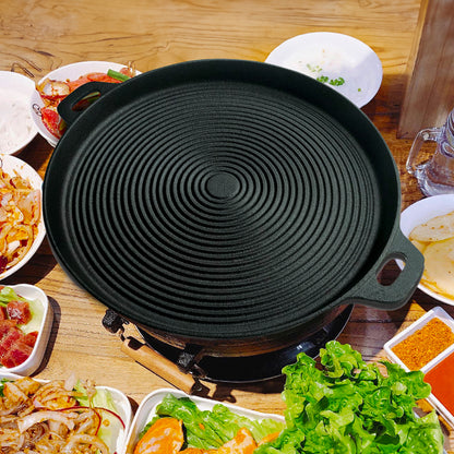 SOGA 35cm Round Ribbed Cast Iron Frying Pan Skillet Steak Sizzle Platter with Handle • LUZ-ZPai004