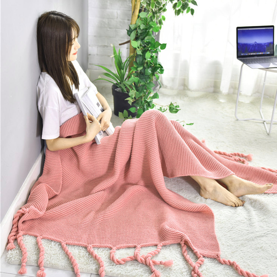 SOGA Pink Tassel Fringe Knitting Blanket Warm Cozy Woven Cover Couch Bed Sofa Home Decor • LUZ-Blanket930