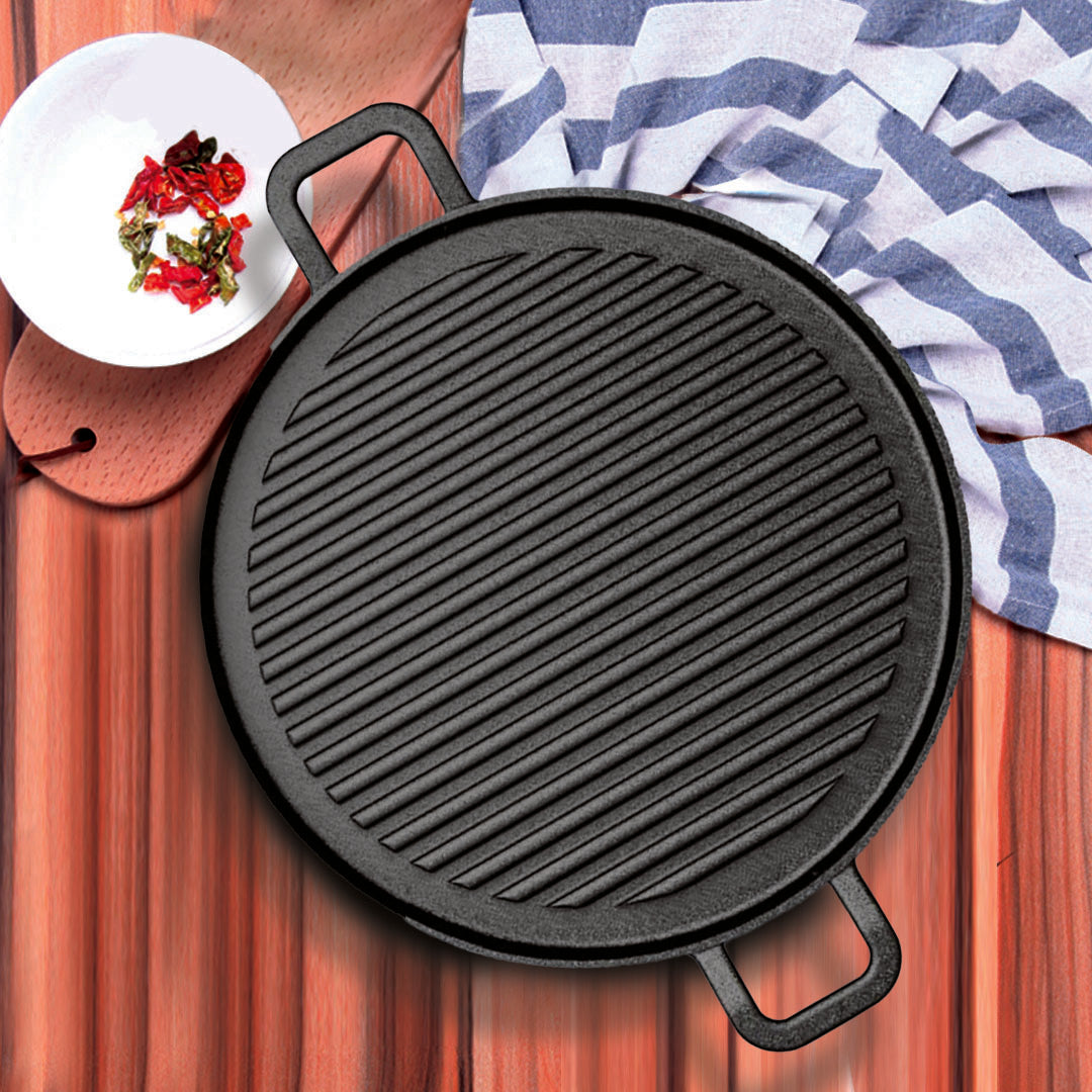 SOGA 28cm Ribbed Cast Iron Frying Pan Skillet Coating Steak Sizzle Platter • LUZ-ZPai024B