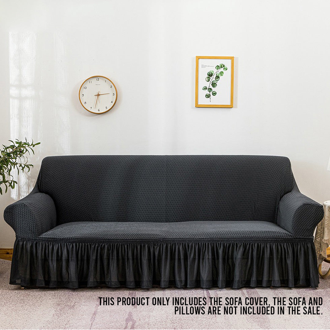 SOGA 3-Seater Dark Grey Sofa Cover with Ruffled Skirt Couch Protector High Stretch Lounge Slipcover Home Decor • LUZ-SofaCov12