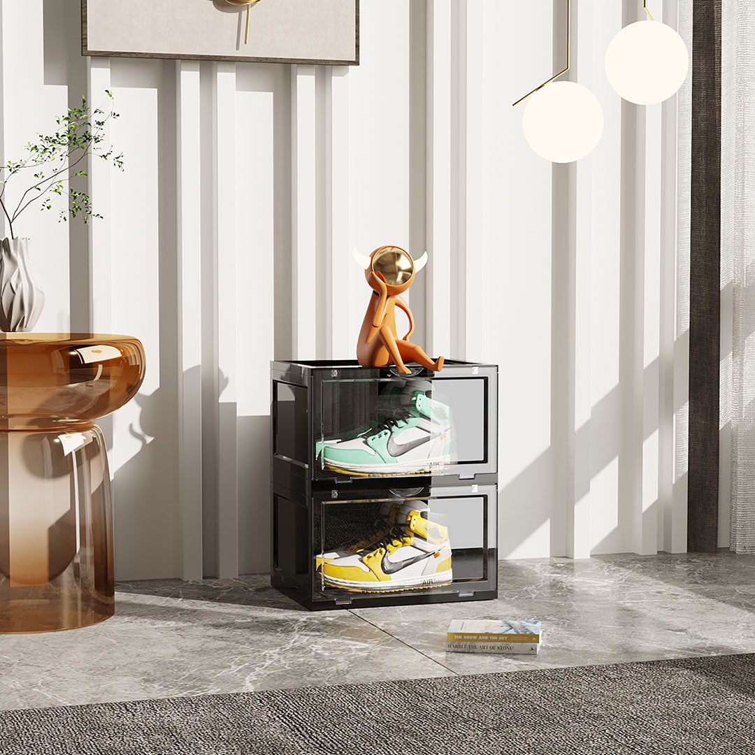 SOGA 2X 2 Tier Black Portable Shoe Organiser Sneaker Footwear Folding Plastic Bin Stackable Storage Box with Magnetic Door • LUZ-ShoeA8002BLKX2