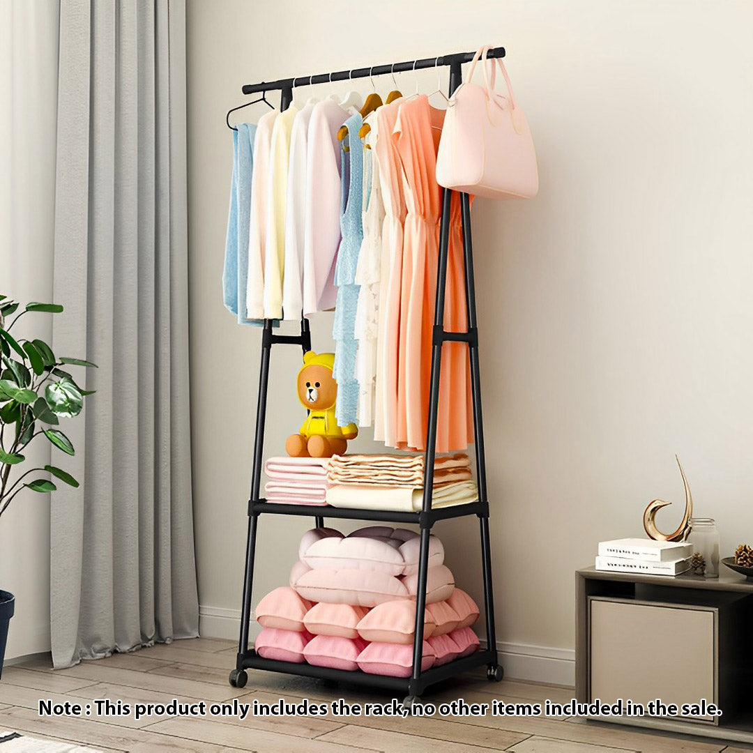 SOGA 2-in-1 Organiser Clothes Shoe Rack Space-Saving Triangular Storage with Wheels Black • LUZ-Rack0012