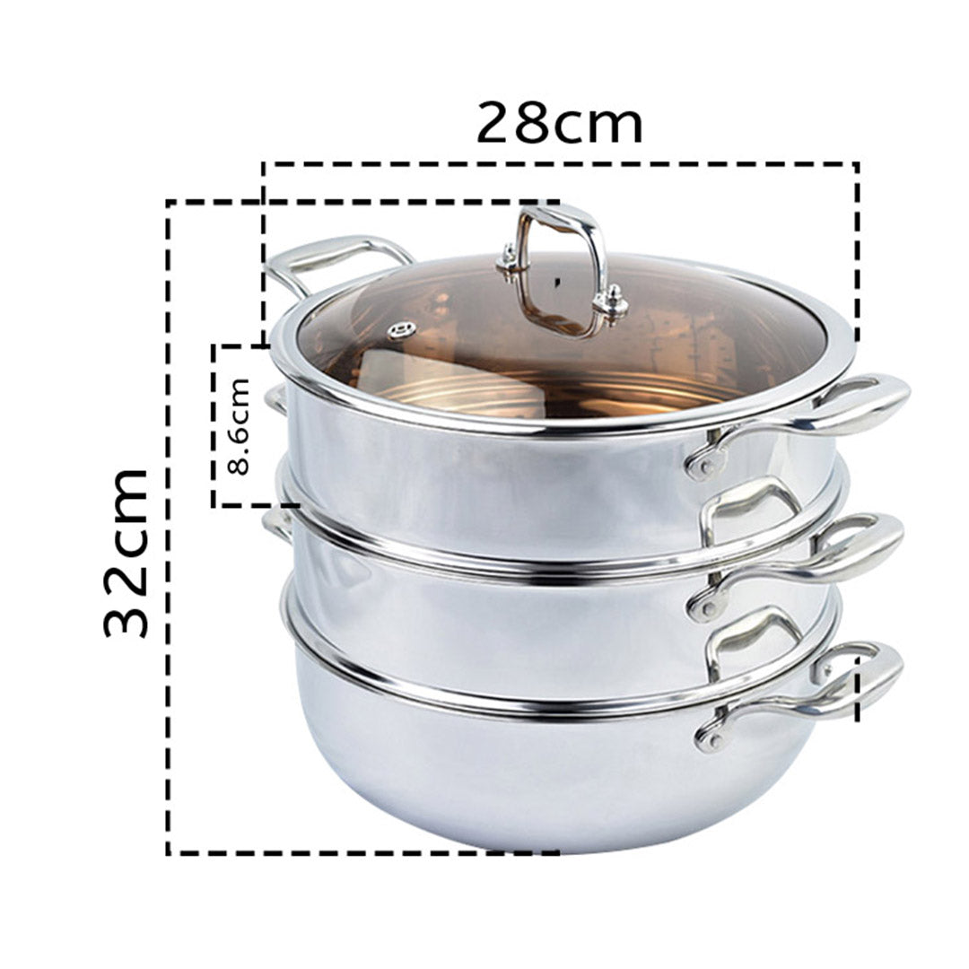 SOGA 2X 3 Tier 28cm Heavy Duty Stainless Steel Food Steamer Vegetable Pot Stackable Pan Insert with Glass Lid • LUZ-SteamerTRISTQ28X2