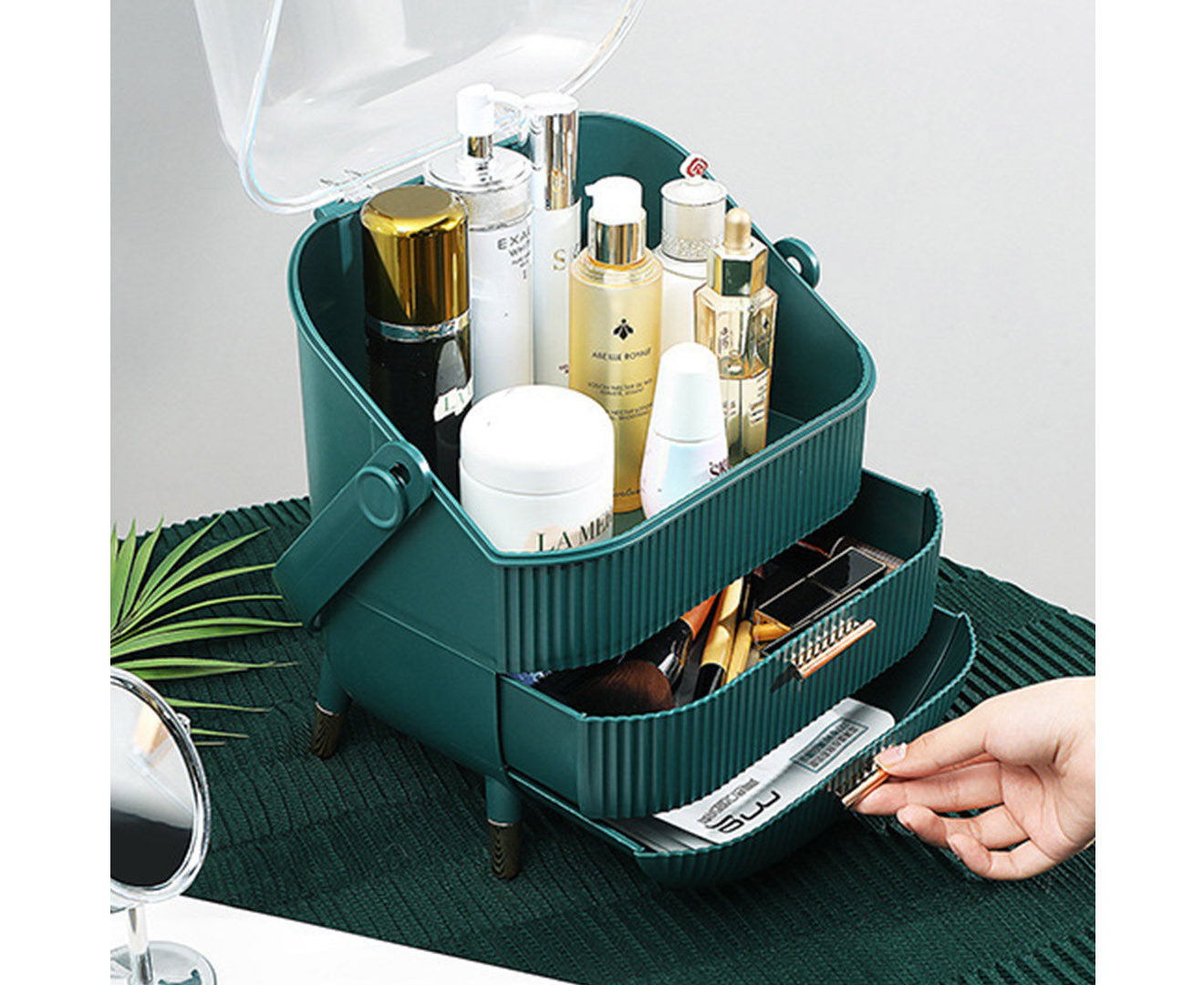 SOGA Green Cosmetic Jewelry Storage Organiser with Antler LED Light Mirror Tabletop Vanity Set LUZ-BathC110-G534