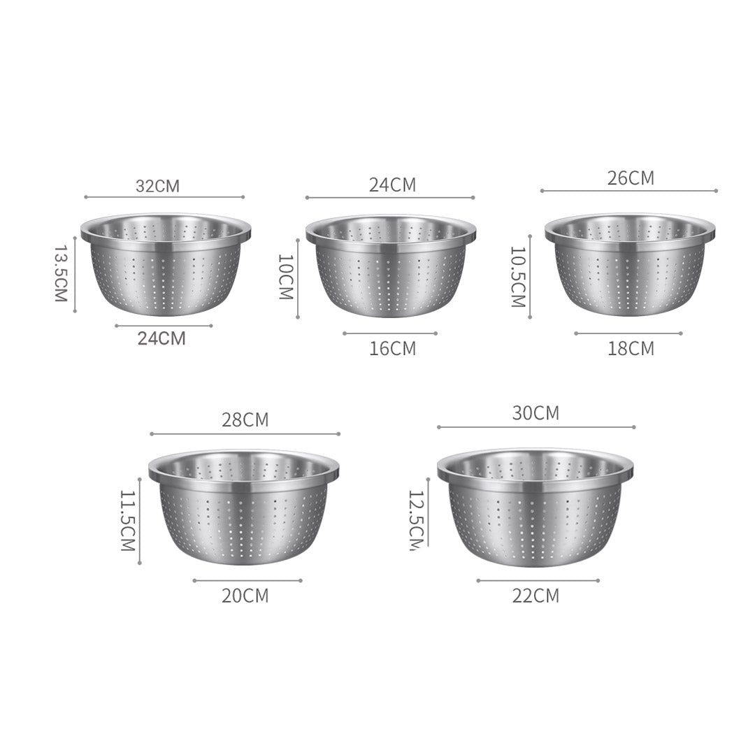 SOGA Stainless Steel Nesting Basin Colander Perforated Kitchen Sink Washing Bowl Metal Basket Strainer Set of 5 • LUZ-Bowl624