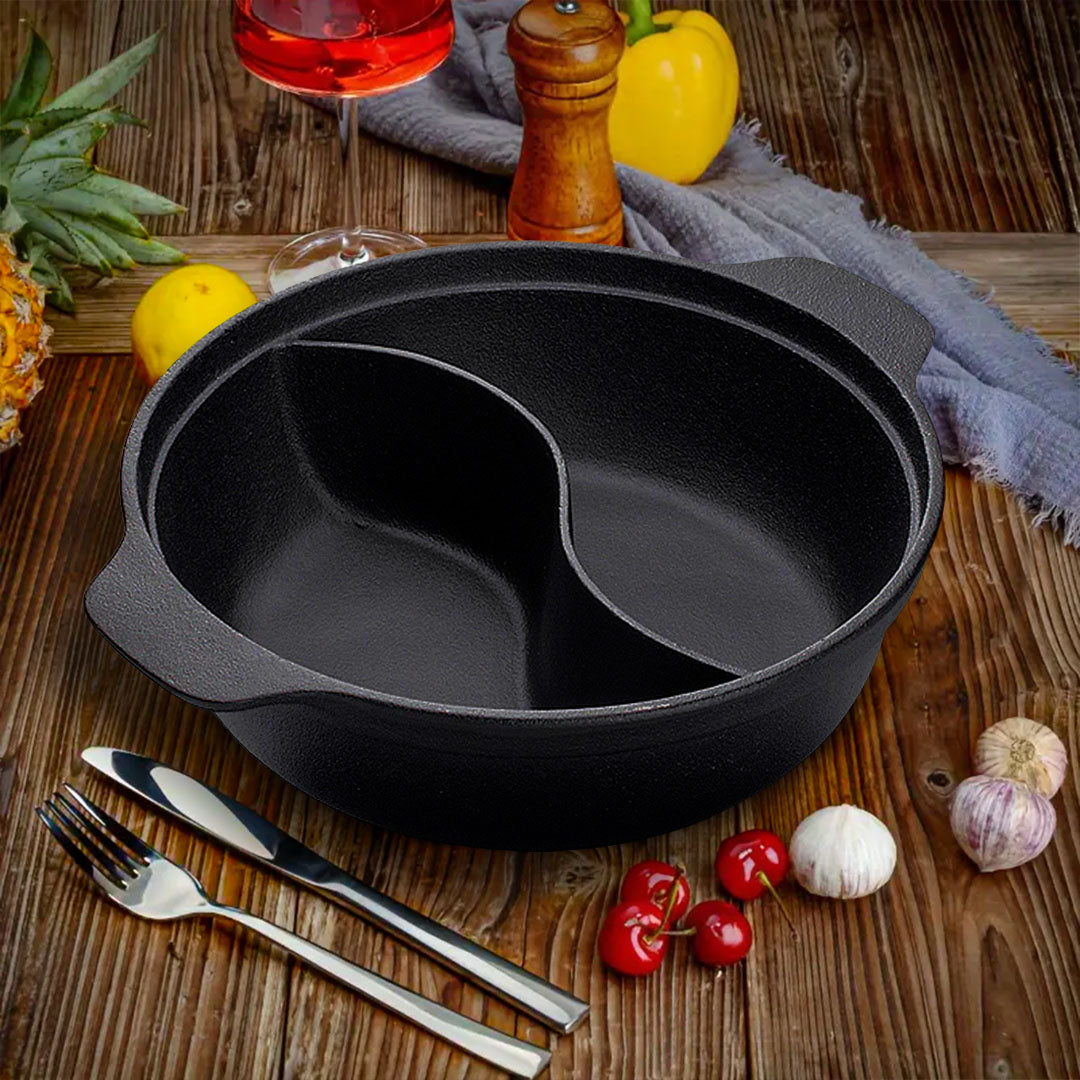 SOGA 32CM Round Cast Iron Shabu Shabu Hotpot Beef Chicken Stew Wok Two-Flavor Division • LUZ-ZPai038A