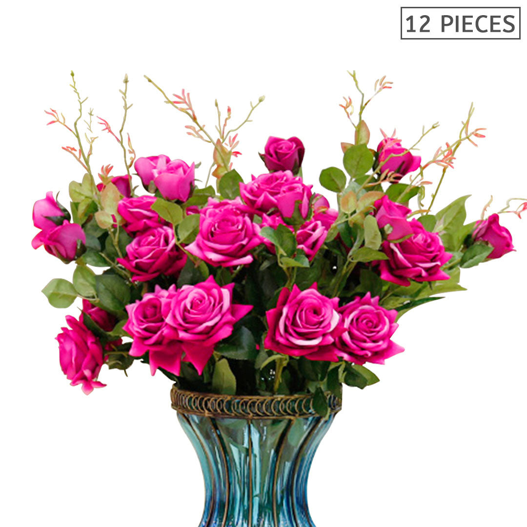 SOGA 12pcs Artificial Silk Flower Fake Rose Bouquet Table Decor Dark Pink LUZ-AFlower3H12Red