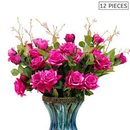 SOGA 12pcs Artificial Silk Flower Fake Rose Bouquet Table Decor Dark Pink LUZ-AFlower3H12Red