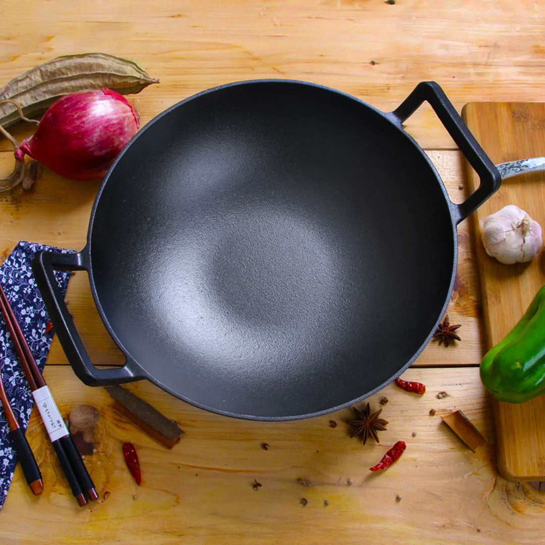 SOGA 2X 32cm Commercial Cast Iron Wok FryPan Fry Pan with Double Handle • LUZ-ZPai013AX2
